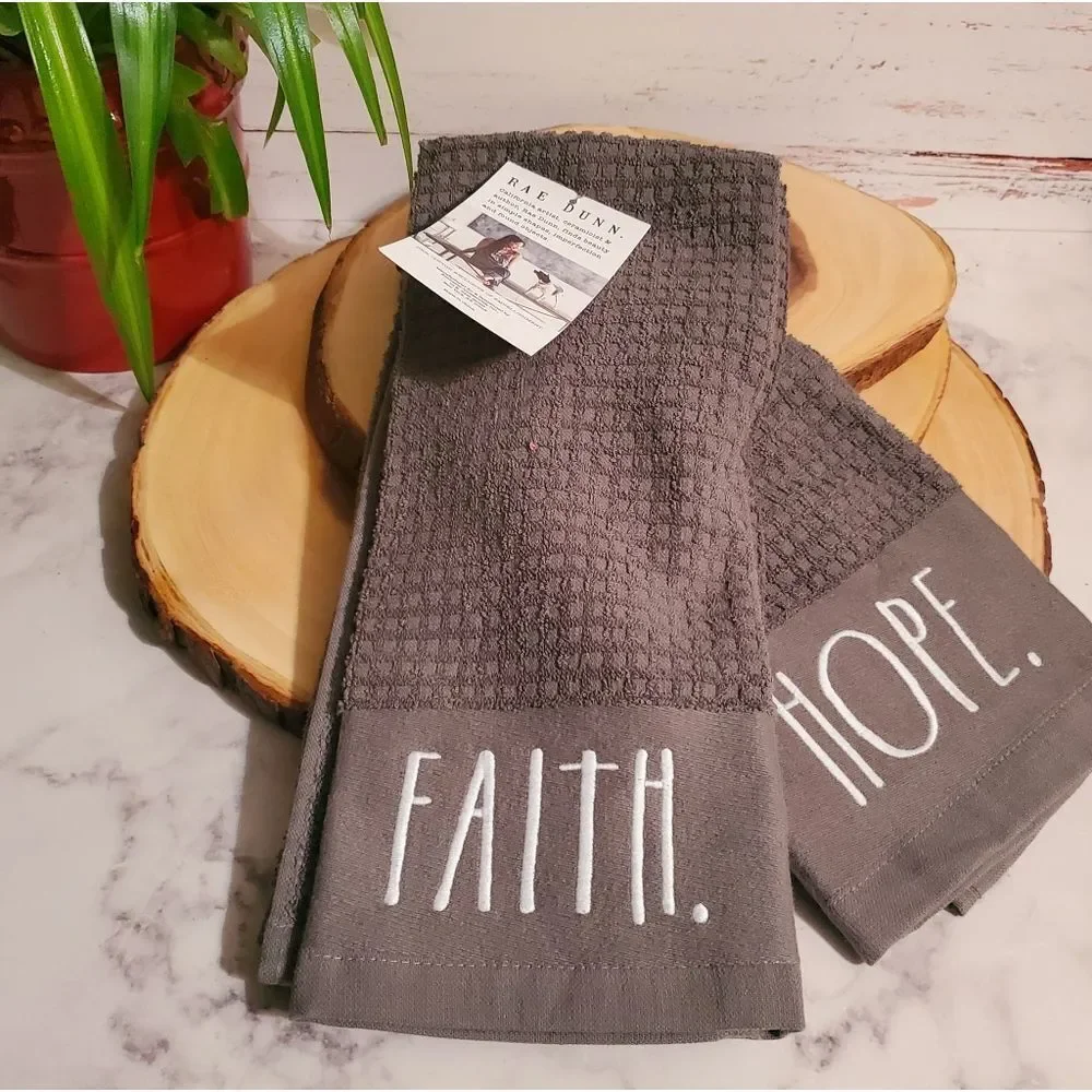 Set of 2 Rae Dunn Kitchen Towels (Hope/Faith) in Gray